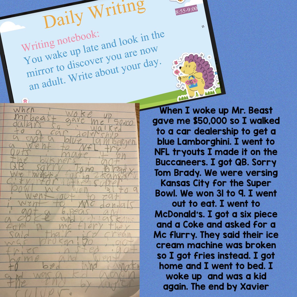 mrsmelcherBCPS's tweet photo. Can you give this wonderful 2nd grade writer a shout out on Twitter!? Calling on you: @TomBrady @Buccaneers @McDonaldsCorp @MrBeast #tombrady #buccaneers #McDonalds #mrbeast #youtube https://t.co/HuiRTklDIC