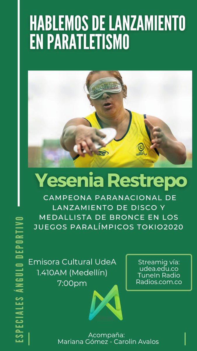 AnguloUdeA's tweet image. Los esperamos esta noche 7PM junto a  Yesenia Restrepo de ParaAtletismo @IndeportesAnt   @emisoraudea #ÁnguloUdeA #ÁnguloDeportivo