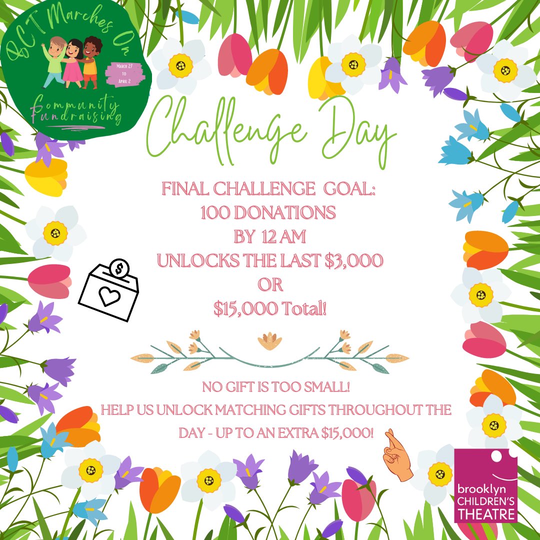 🥳$12,000 earned today - $3,000 more to go!🕺🏽Help us earn another 20 donations by 12 AM to reach the full $15K. No donation is too small! We’ll see you at the finish line! 🏃‍♂️💨 
#theatre #kidstheatreclasses #artsclasses #philanthropy #fundraising #brooklyn #nycarts #nonprofit