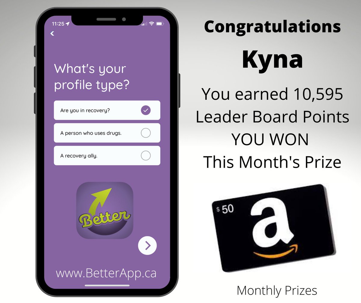 MYBetterApp's tweet image. every month $50 gift card to the person with the highest leaderboard score.. Congratulations Kyna, you're our first winner. Scores reset to zero, game on for the next 30 days. 

Search for "Better My Recovery App" in app store 

#12StepApp #SoberAPP #RewardTherapy #StopOverdose