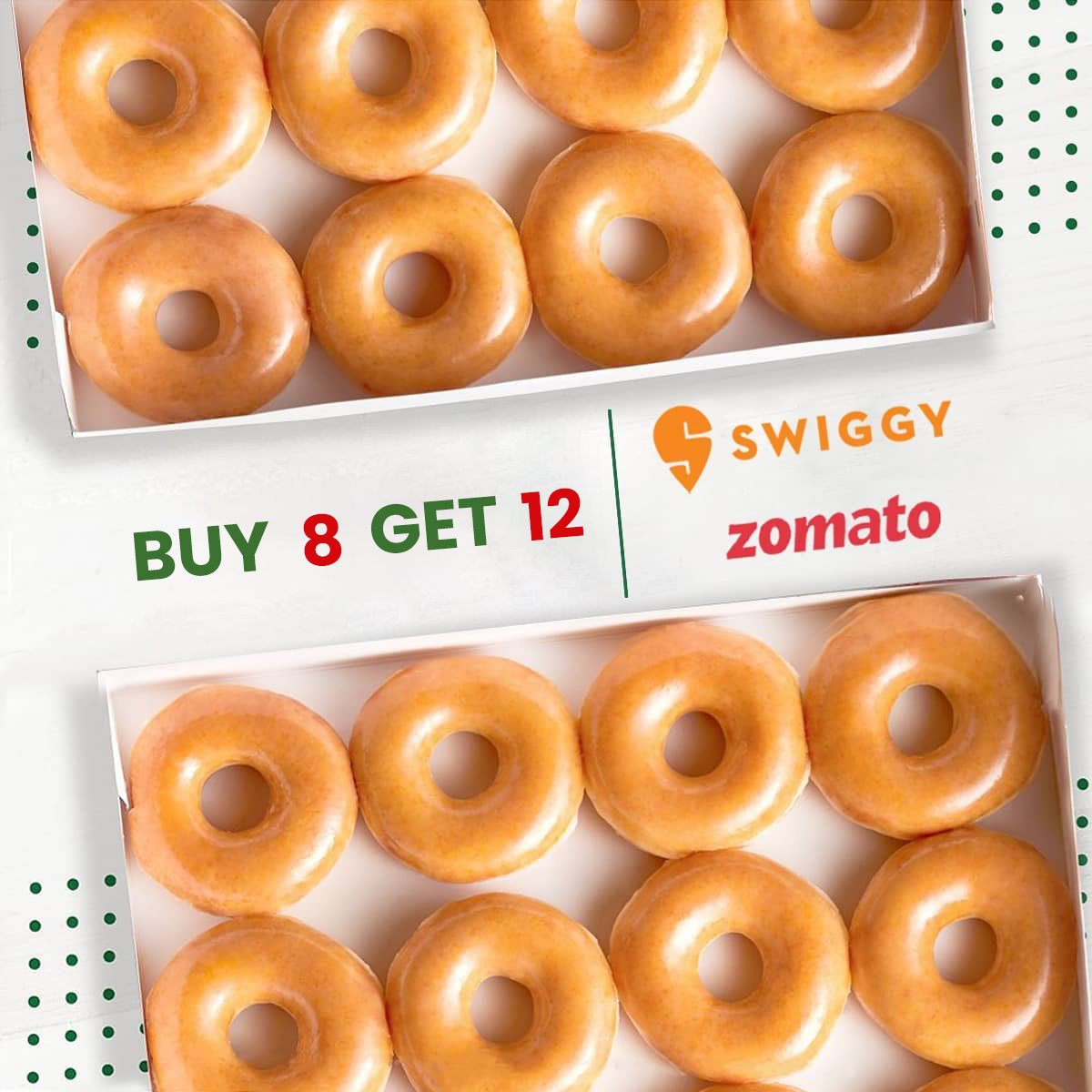 Deliciousness raised to the power of infinite, as we've have our whopping offer of buy 8 get 12 live now! Order today at @swiggy <a href="/zomato/">zomato</a> for your favourite doughnuts at Krispy Kreme.

#doughnuts #krispykreme #delicious #desserts #sweettooth #cravings #sweetness #offer #buy8get12