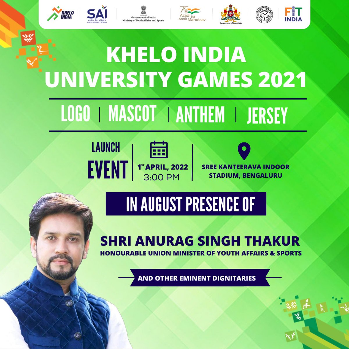 #KIUG2021 Launch Event 🙂

We are pleased to announce the launch of Official Logo, Mascot, Anthem &amp; Jersey of #KheloIndia University Games 2021 in the august presence of Hon. Union Minister of Youth Affairs &amp; Sports Shri <a href="/ianuragthakur/">Anurag Thakur</a> and other eminent dignitaries

Stay tuned!