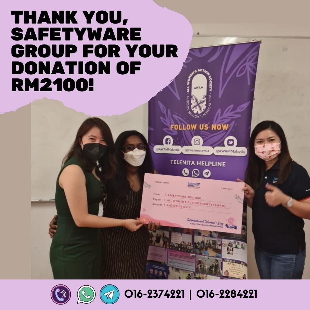 AWAMMalaysia's tweet photo. A huge shoutout to @SafetywareSB for their generous donation of RM2100 from the #IWD2022 campaign to support our cause! Every single RM counts in helping us help more survivors of gender-based violence and create safe communities for all! #SurvivorFirst https://t.co/uDaFeXsSaM