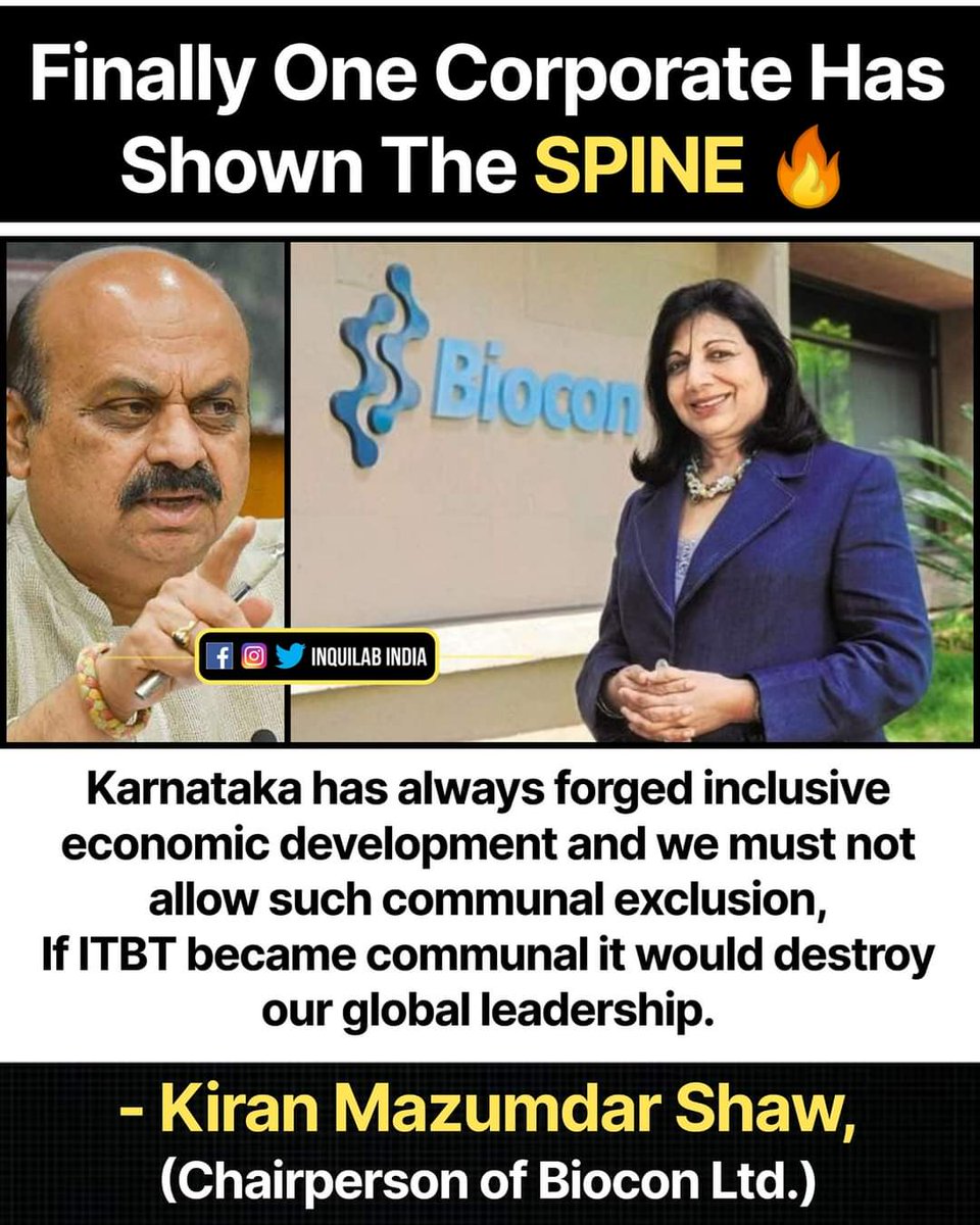 Finally one corporate has shown the spine to call out the communal politics in Karnataka.

#Karnataka 
#KiranMazumdarShaw