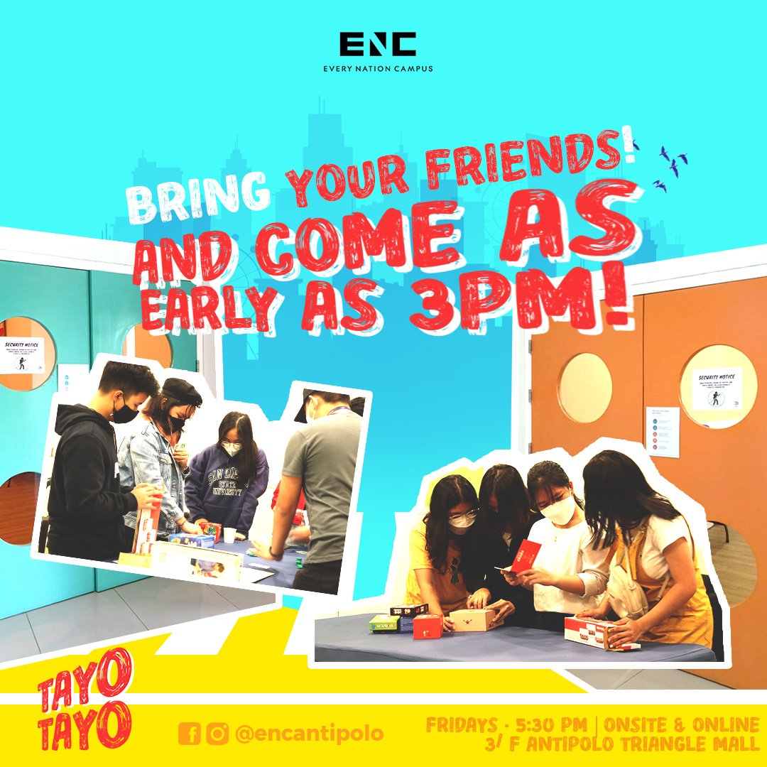 ENCAntipolo's tweet photo. Who's excited for our Youth Service later??

Come in as early as 3PM and visit our rooms kung gusto mo munang maki-hangout with your classmates and fellow students!

Kita-kits ha! 😁

#TayoTayo #ENCampusAntipolo https://t.co/Qn2kblX1T5