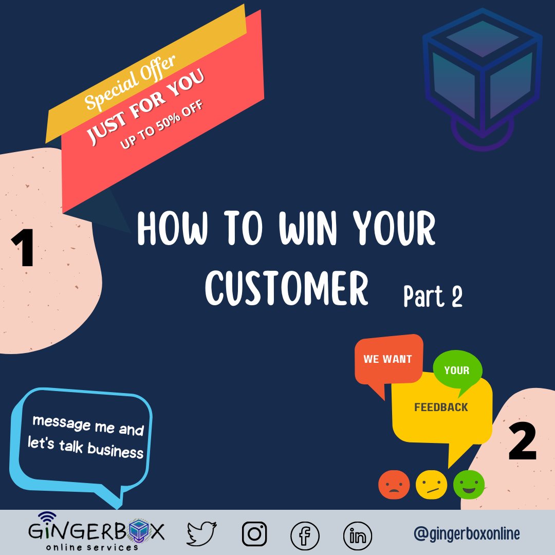 gingerboxonline's tweet photo. Top 2 tips to make your customer happy: 😊 
1️⃣ Sending a special offer for a customer's favorite product or service 
2️⃣ Asking for feedback on a product, service, or experience 

#gingerbox
#gingerboxSMM
#socialmediamanagerforhire
#socialmediamanagers
#socialmediamanager https://t.co/b7JXcoYksU