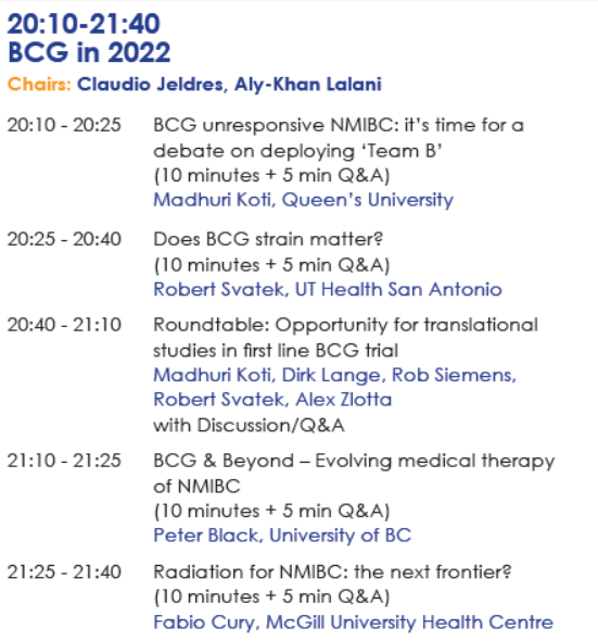 Happening now!
DAY 1 | CANADIAN BLADDER CANCER FORUM 22
Thank you to our speakers #CBForum22 
If you want to join us tomorrow, register here:cua.org/event/9245
<a href="/pcvblack/">Peter Black</a> <a href="/kalasri3/">KSridhar</a> <a href="/lalaniMD/">Aly-Khan Lalani</a> <a href="/CanImmun/">Madhuri Koti</a> <a href="/siemensr/">Rob Siemens</a> <a href="/dr_cury/">Fabio Cury</a>