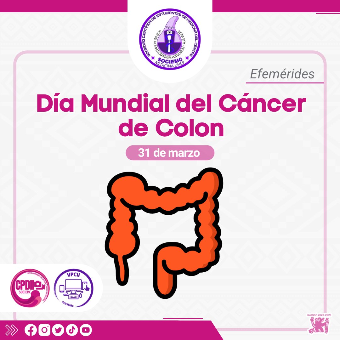 sociemc's tweet photo. Hoy es el #DiaMundial del cáncer de colon. 🩺📅
Recuerda que el cáncer de colon se puede diagnosticar tempranamente. Con un diagnóstico precoz se consiguen mayores tasas de curación y cirugías menos agresivas.💉
#efeméride #efemeride #CPDII #SOCIEMC #coloncancer #coloncancer https://t.co/LzCUAN5KrY