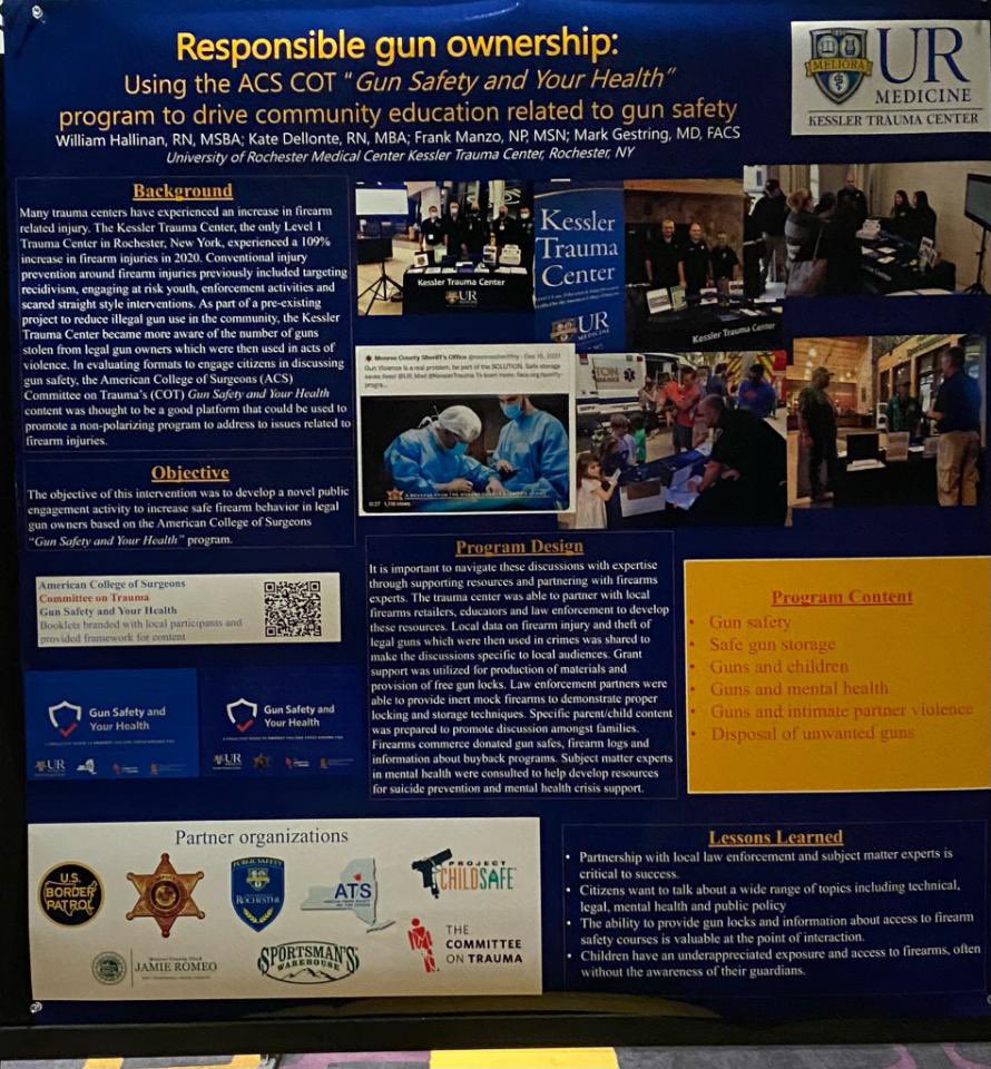 URKesslerTrauma's tweet photo. @URKesslerTrauma presenting Dr Gestring &amp; @WMHallinan s work w @acsTrauma GunSafety &amp; Your Health at #TraumaCon2022 in LasVegas. Thanks to #roc partners incld @monroesheriffny @ATSTrauma @monroeclerkofc @URochesterDPS @ProjChildSafe @SportsmansWH https://t.co/f2cGVcGWNm