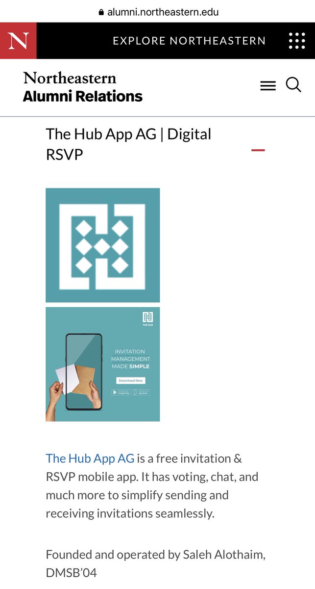 TheHubAppAG's tweet photo. Hub App is listed among the businesses started by Northeastern Alumni. Thanks to Alumni Relations @AlumniNU for their continued support.

https://t.co/YRUa836SRa

@Northeastern 
@TheHubAppAG 
#HubApp https://t.co/KyKKt7r8Ng