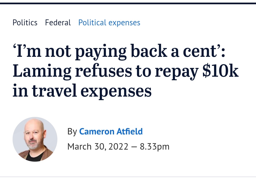 Morrison Govt MP Andrew Laming has refused to pay back more than $10,000 in travel expenses after an audit determined a 2019 trip was not for parliamentary business.

But will Morrison say or do anything?! 😠 #auspol #corruption #LibFail