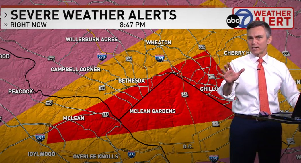 7NewsDC's tweet photo. BREAKING: A Tornado Warning has been issued for parts of DC, Maryland and Virginia. 

Meteorologist Bill Kelly is LIVE on 7News right now with the latest storm updates!
https://t.co/xUjb4xenA6 https://t.co/2gHzZVOPci