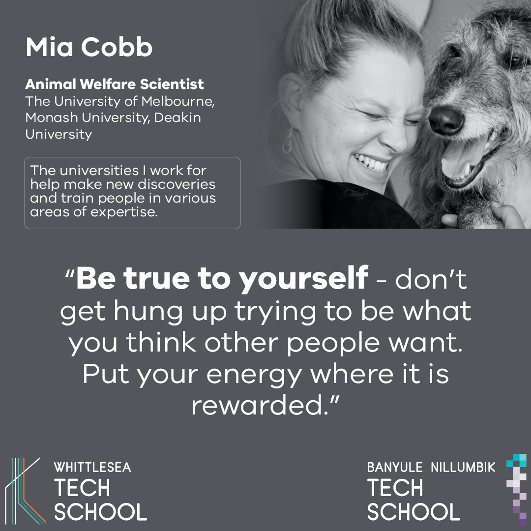 Celebrating Careers in STEM! Every journey is different; no pathway is the same. ⁠Check out our latest profile on our website and learn about Dr Mia Cobb's journey to becoming an Animal Welfare Scientist.⁠ <a href="/DoUBelieveInDog/">Do You Believe In Dog? 🐶 Mia Cobb</a> @fvasunimelb
⁠
#Techschools #STEMcareers #BNTS #WTS