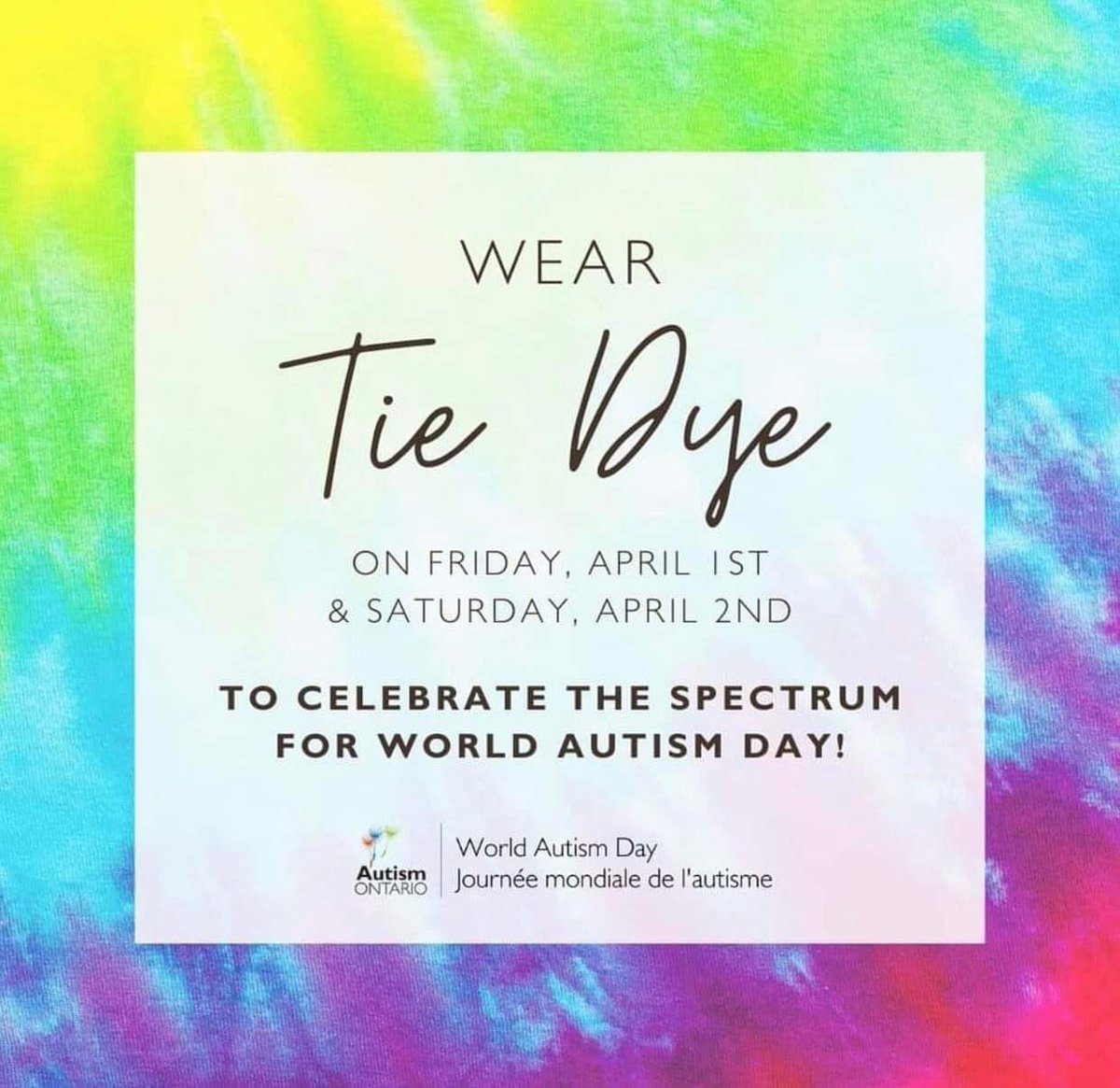 Don’t forget to wear tie dye to #CelebratetheSpectrum April 1 and 2! #WorldAutismAwarenessDay #AutismAcceptance #WorldAutismDay #ygk