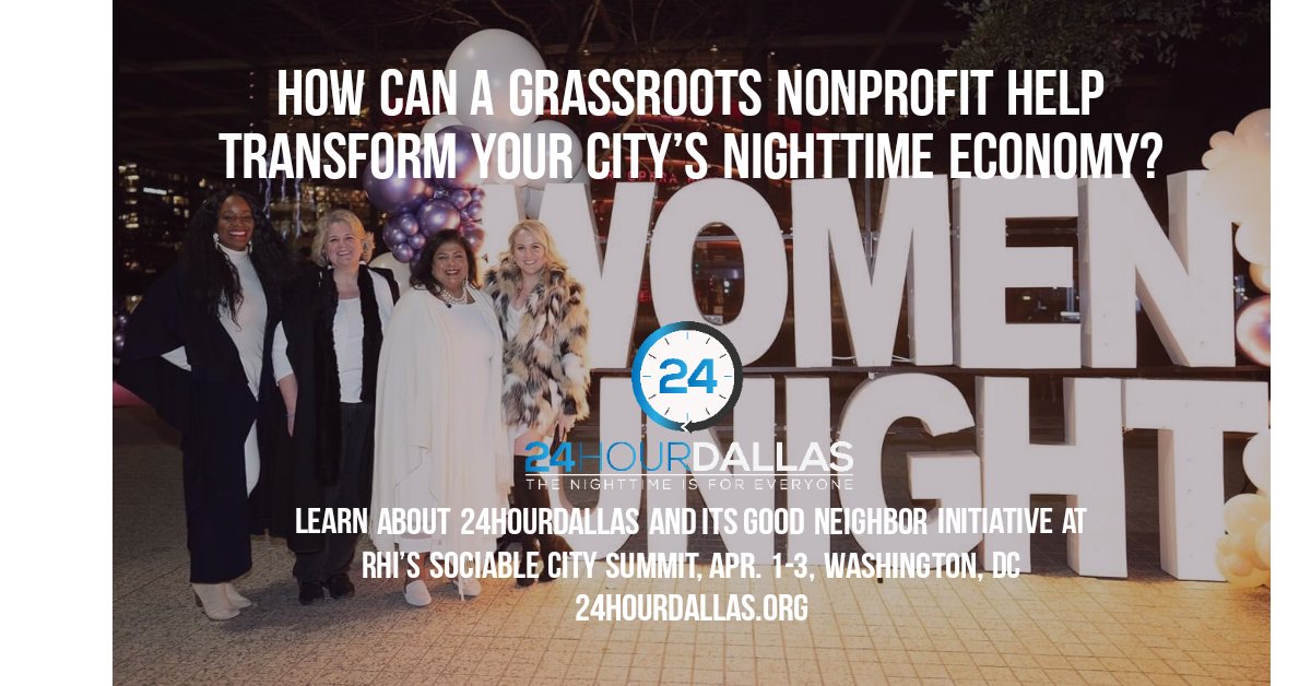24hourdallas's tweet photo. How can a grassroots nonprofit help transform your city’s nighttime economy?
Learn about @24hourdallas and its #GoodNeighborInitiative at RHI’s @sociablecity Summit, Apr. 1-3, Washington, DC.
https://t.co/OZA4LpZLjT
https://t.co/MdhaL9kvwm
#rhisummit
#rhisummit22 https://t.co/HGVhHlsuI6