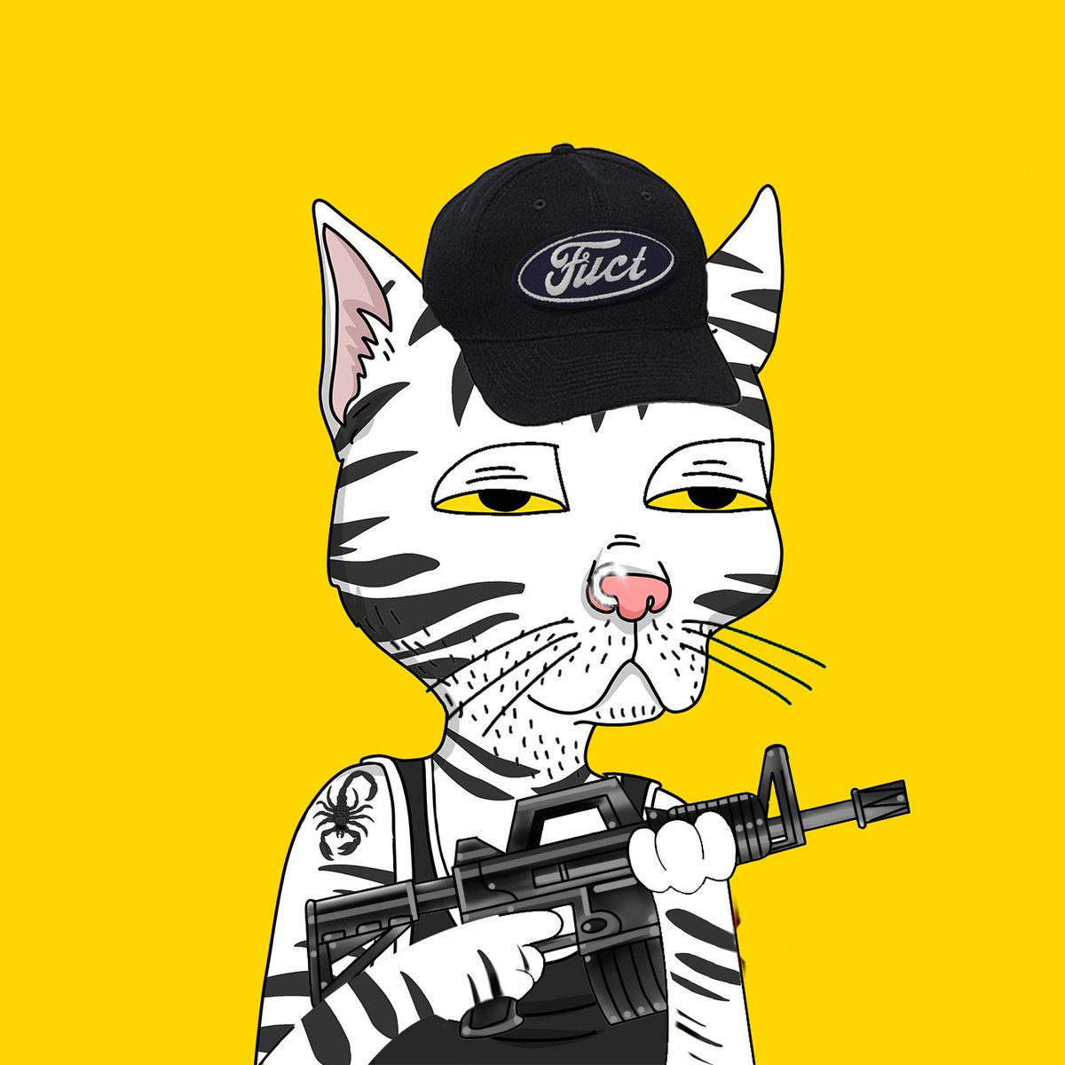 before &amp; after NFT MODS gang!

same nft...

was pink, glasses, trump hair, magnum shirt

NOW AFTER CUSTOM ADD-ONS:
legendary white tiger fur mod
FUCT hat mod
yellow eyes mod
nose ring mod
custom scorpion tattoo mod
black tank mod
black AR15 LOADOUT mod

opensea.io/assets/0x92069…