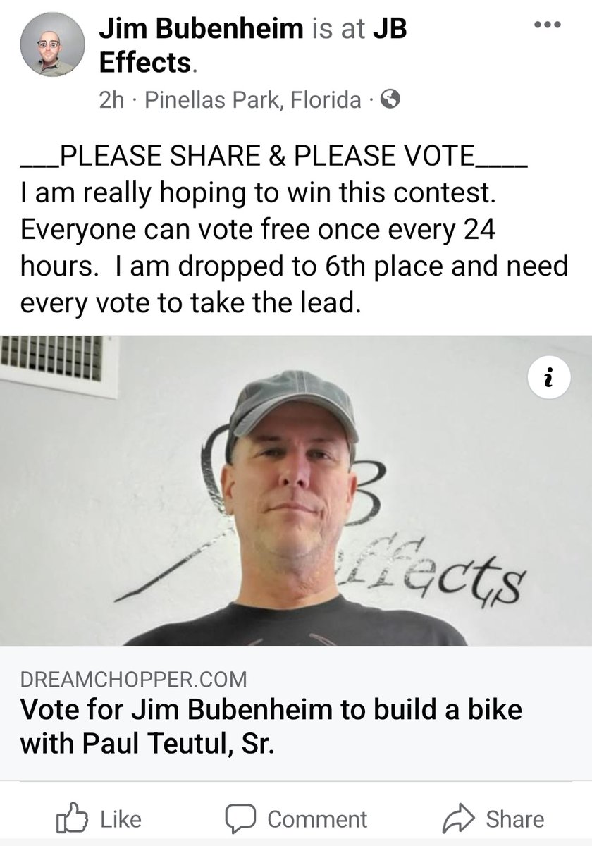 JBeffects's tweet image. Please find me, Jim Bubenheim, then go to the chopper post and vote on the bottom 'FREE' button.
I can use every vote possible.  1 free vote every 24 hours.

I am trying to win a custom OCC chopper and need lots of help.
dreamchopper.com/2022/jim-buben…