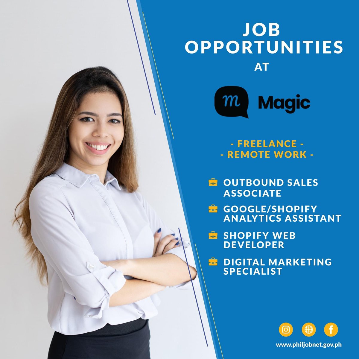 PhilJobNet's tweet photo. Calling all our Freelancer friends out there! 

Careers at Magic is looking for: 
- Outbound Sales Associate
- Google/Shopify Analytics Assistant
- Shopify Web Developer
- Digital Marketing Specialist

Apply na sa https://t.co/hHudqxXcDu. #WorkfromHome #Freelance #Hiring https://t.co/jJdbOY72Zv