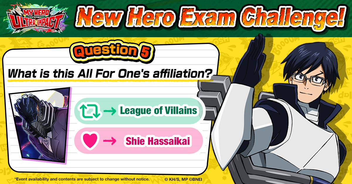 MyHeroUI's tweet photo. 【New Hero Exam Challenge! Question⑤ 1/2】

What is this All For One's affiliation?
Answer with RT or LIKE!

Until 4/9 12:00 JST

▼Check out New Hero Masterclass, if you don't know the answer!
https://t.co/CGt9DNyj95

DL→https://t.co/NkhJdSREAX
#MHUI #MyHeroUltraImpact https://t.co/n3UYRbfeQI