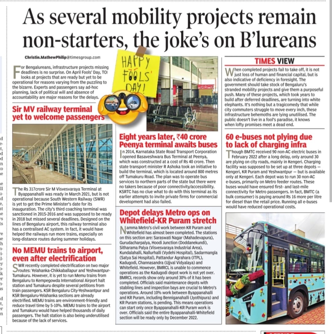 ChristinMP_'s tweet photo. For Bangaloreans, infrastructure projects missing deadlines is no surprise. On April fool's day, TOI looks into projects that are ready-for-use but yet to be operational for reasons varying from the puzzling to the bizarre @PMOIndia @CMofKarnataka @RailMinIndia @MoHUA_India https://t.co/szL3P3hI5P