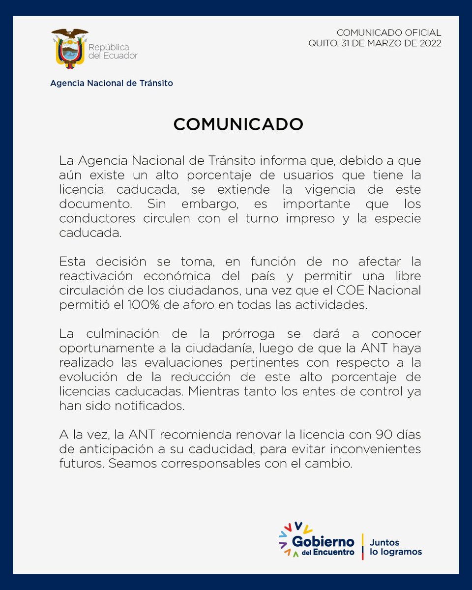 ANT_ECUADOR's tweet photo. COMUNICADO | Ante el alto porcentaje de usuarios con licencias caducadas, extendemos la vigencia de estos documentos hasta nueva orden. Recordamos a los usuarios que para no ser sancionados, deben circular con la licencia caducada y el turno impreso. https://t.co/29uIRkzcyd