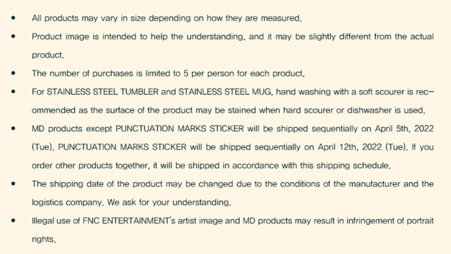 AlohwaKMT's tweet photo. This is a notice from FNC po regarding their products please read thank you :) 

**the shipping indicated below is shipping to our korean address and it still depends if they will dispatch everything on the said date** https://t.co/DvS25RTQOH