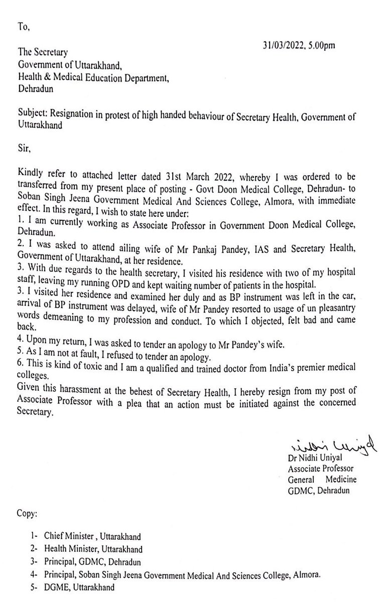 Dr Nidhi Uniyal, Associate Professor at Dehradun just resigned due to harassment by officials.