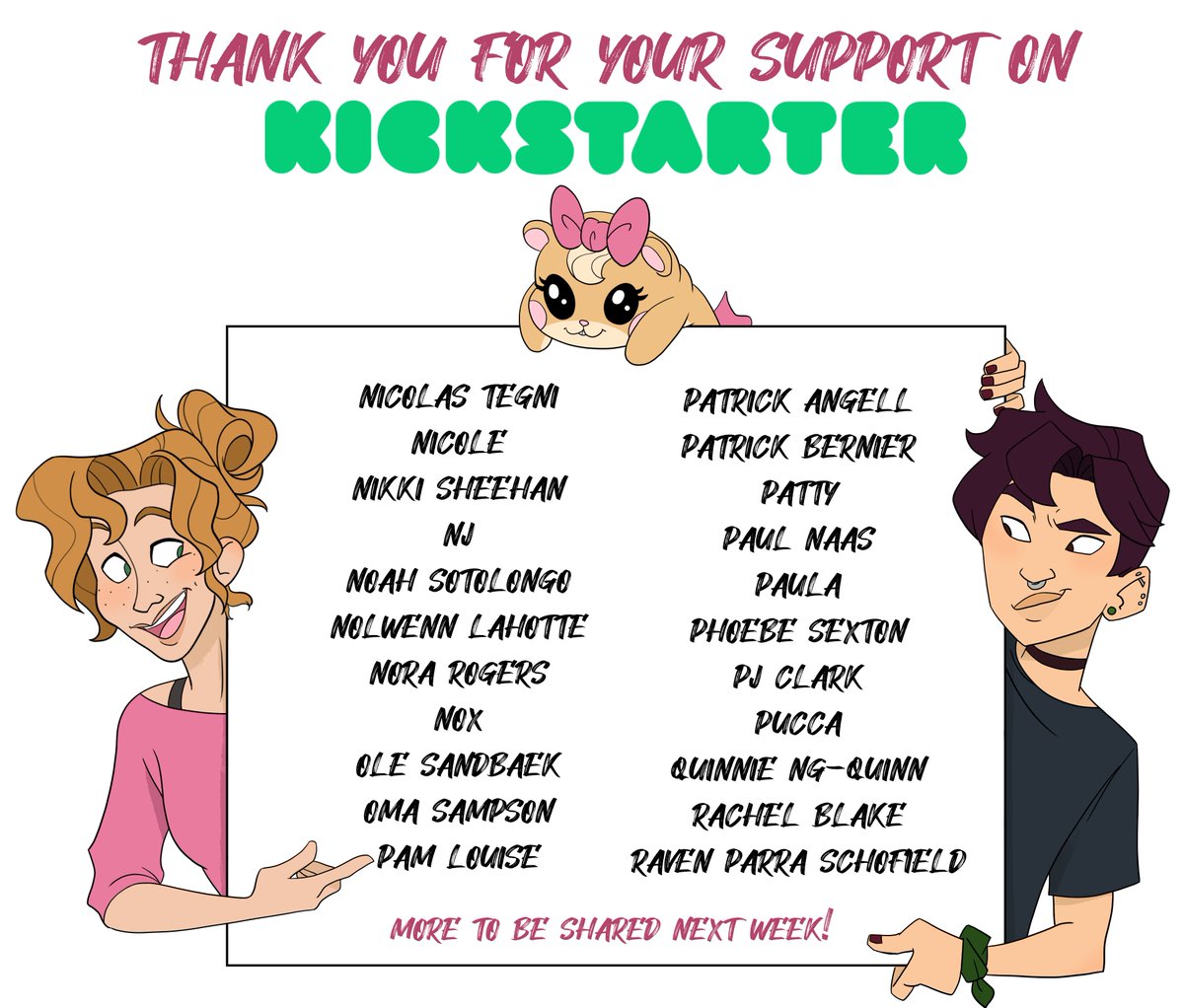 SignAnimation's tweet photo. Thank you so much as always to our amazing backers from Kickstarter! <3 We will be posting names each week in alphabetical order, according to what was provided by the backer. <3
#signinganimation #deafstories #deafculture #animation #kickstarter #3d #HOH #deafart #3danimation https://t.co/0j8nmIFns2