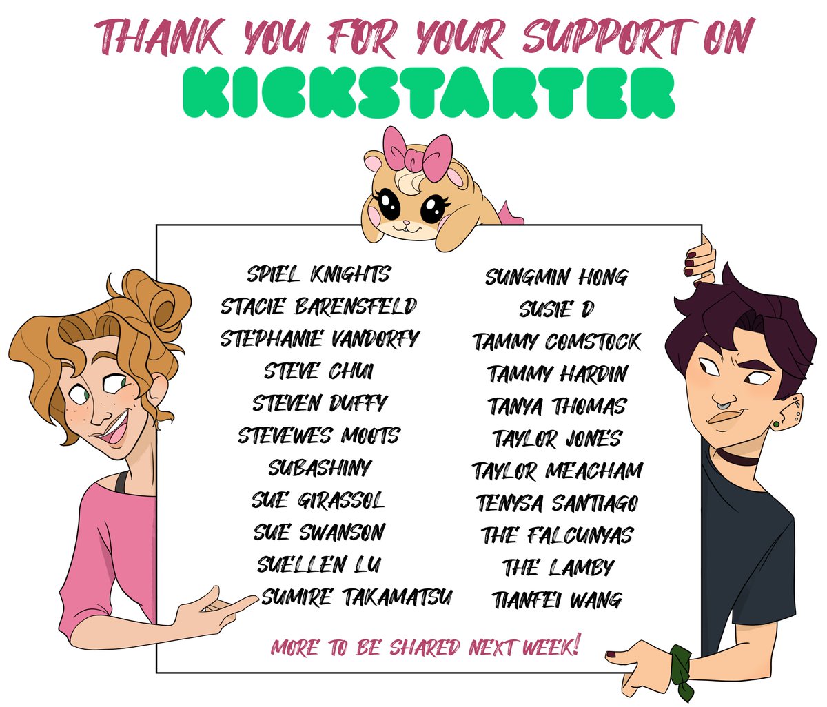 SignAnimation's tweet photo. Thank you so much as always to our amazing backers from Kickstarter! <3 We will be posting names each week in alphabetical order, according to what was provided by the backer. <3
#signinganimation #deafstories #deafculture #animation #kickstarter #3d #HOH #deafart #3danimation https://t.co/pW8xdz6b7t