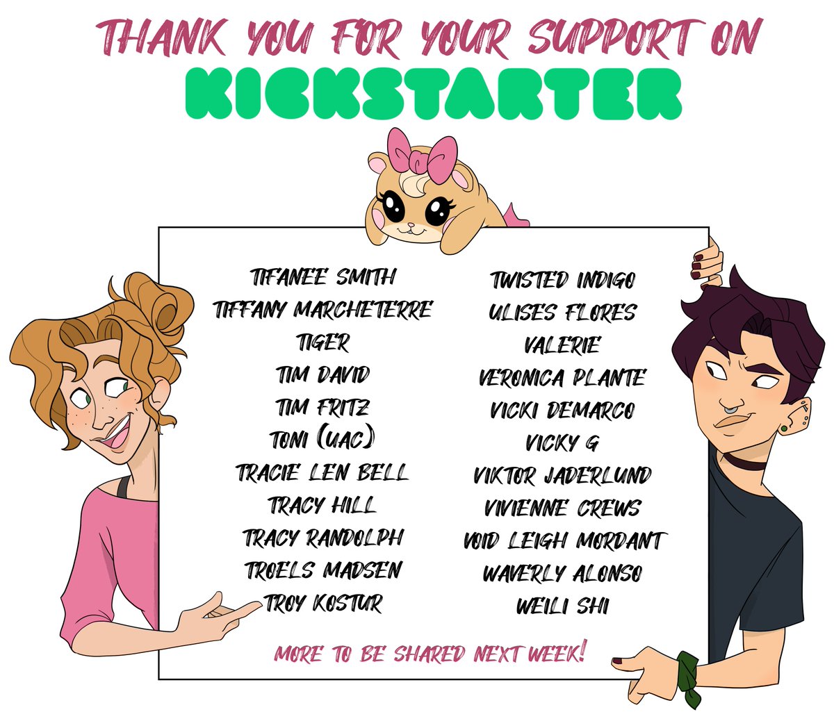 SignAnimation's tweet photo. Thank you so much as always to our amazing backers from Kickstarter! <3 We will be posting names each week in alphabetical order, according to what was provided by the backer. <3
#signinganimation #deafstories #deafculture #animation #kickstarter #3d #HOH #deafart #3danimation https://t.co/Tn1vOyEcCK
