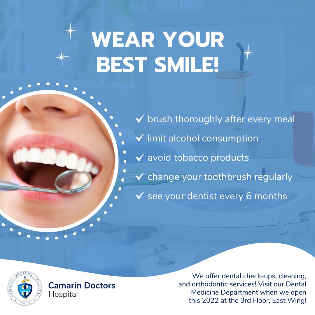 CamarinDoctors's tweet photo. You're never fully dressed without your pearly whites! π Let CDH be your partner in oral healthcare and wear your best smile everyday. See you when we open this second quarter of 2022! ππ
#CamarinDoctorsHospital
#CDHCares
#TeamCDH https://t.co/vRb2UW2HOq