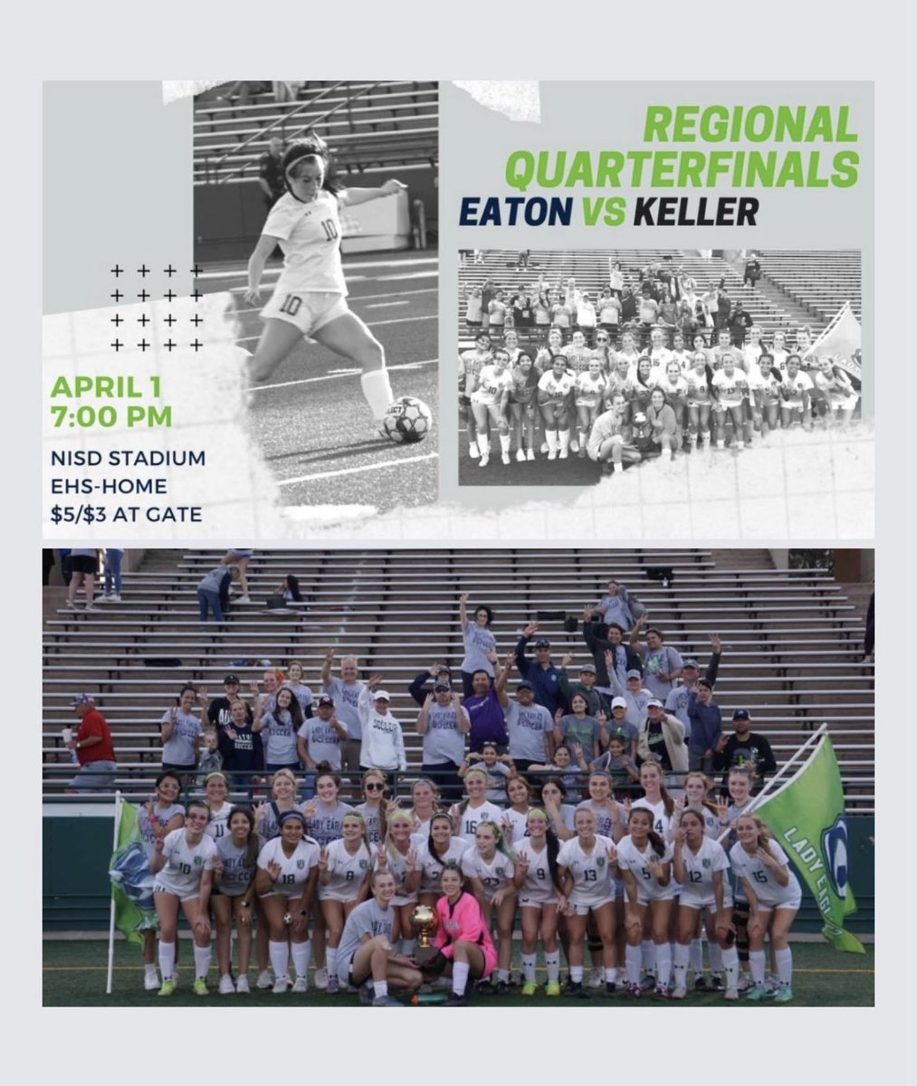 ehs_booster's tweet photo. ⚽️Tomorrow 3:15pm⚽️We will send these ladies off to BEAT Keller! Kick off 7pm/NISD Stadium! Wear black &amp; cheer them on to another victory! Meet in back of school at weight room doors-bring noise makers and be LOUD! Go Birds 💚⚽️💙🦅@EatonEagleFB @EHS_LadyEagles @EatonHighSchool https://t.co/i8vGRSAdDR