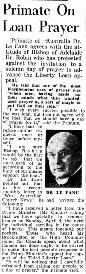 AustAnglican's tweet photo. 1 April 1870: birth (Dublin, Ireland) of Henry Frewen Le Fanu, Archbishop of Perth 1929-1946, Primate of Australia 1935-1946. Assistant Bishop in Brisbane 1915-1929. #anglican @Perth_Anglican #152years An interesting item (from 1943) from the files of "church and state": https://t.co/0oOR9pmQPj