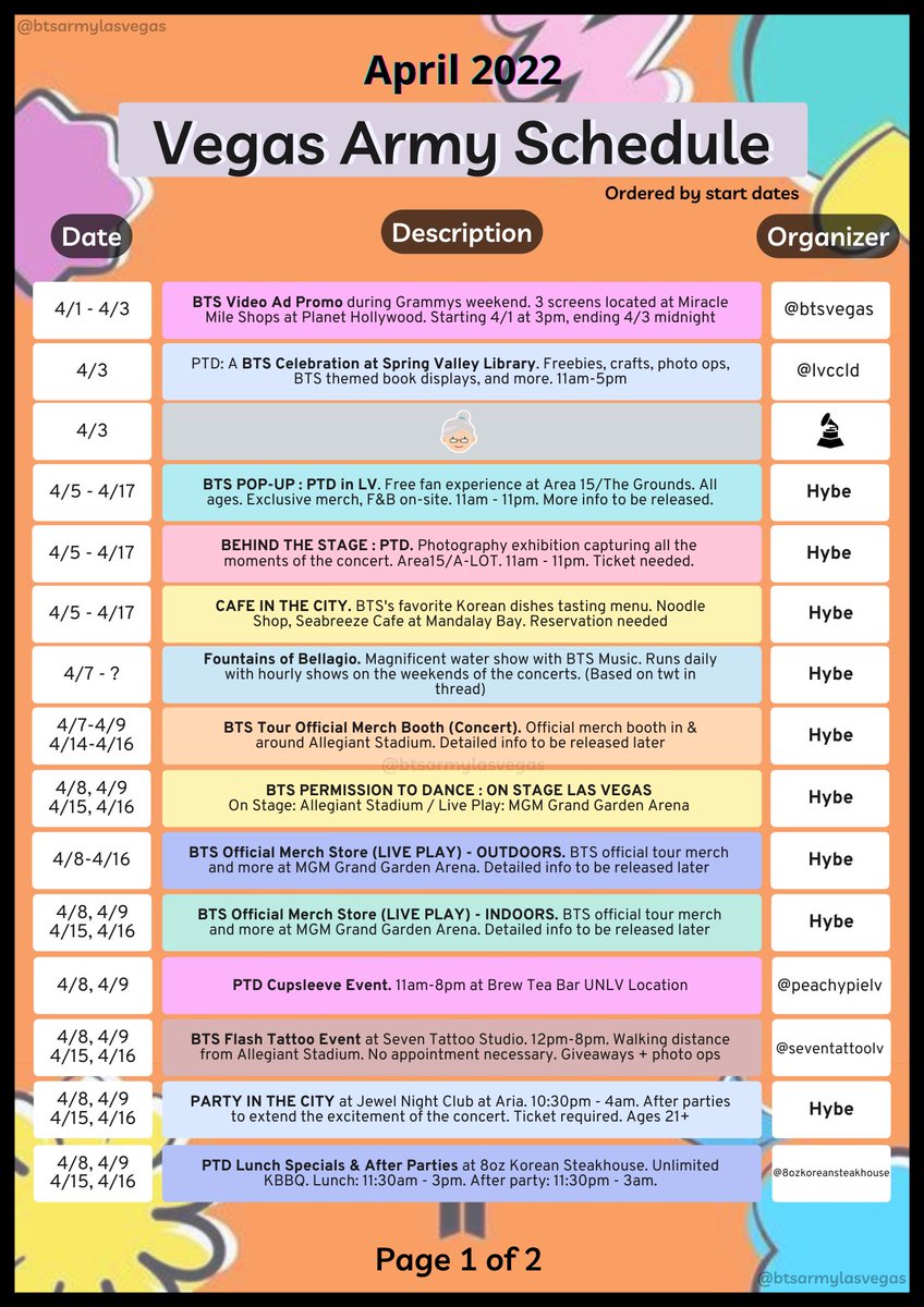 BTSArmyLasVegas's tweet photo. 🗓 VEGAS ARMY APRIL CALENDAR
Updated 3/31/22

Ordered by START DATE &amp; color coded.

🧵 See thread for official announcements from the organizers

👉 Only includes significant events. Few extras at the end of thread

#BTSxVegas #PTD_ON_STAGE_LV #PTD_THE_CITY_LV #BTSxGrammys https://t.co/shbup5jA8R
