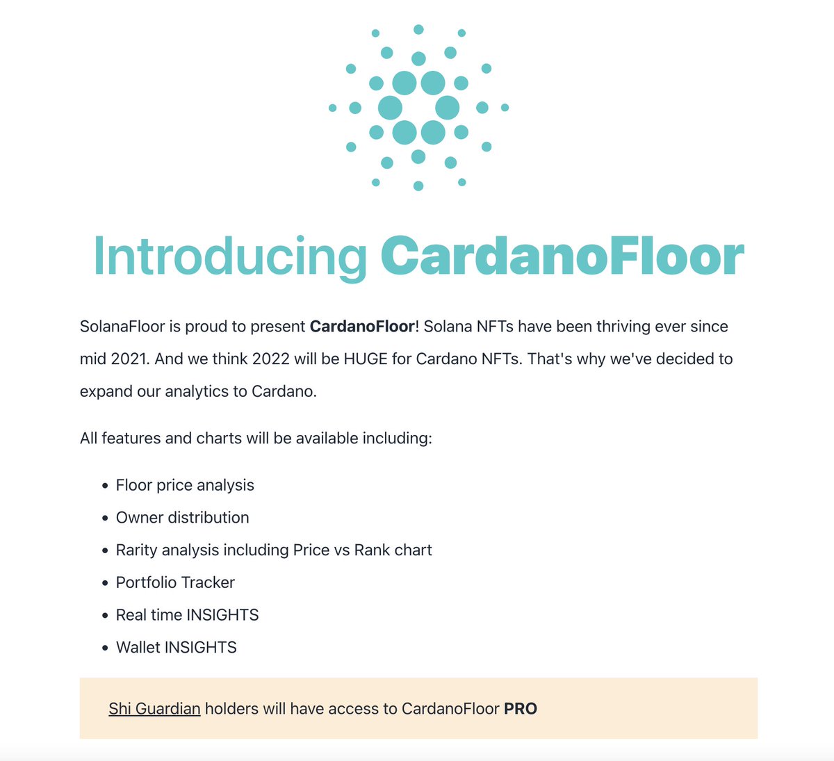SolanaFloor's tweet photo. 🚨 Introducing CardanoFloor

#Solana NFTs have been thriving ever since mid 2021. And we think 2022 will be HUGE for Cardano NFTs. That's why we've decided to expand our analytics platform to #Cardano.

More info here: https://t.co/9QccbXn8wN

Release date: May 1st 2022 https://t.co/DGCM92dv5L