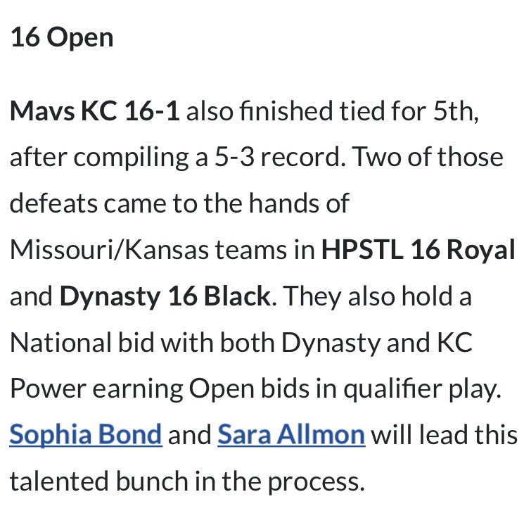 Thanks to <a href="/PrepDigMO/">Prep Dig Missouri</a> for shout out  to our team and teammate <a href="/sarallmon/">sara allmon</a>! Excited about our top 5 finish at <a href="/NikeMEQ/">Mid-East Qualifier</a>. Looking forward to Show Me qualifier…<a href="/PrepDigKS/">Prep Dig Kansas</a> <a href="/PrepDigChris/">Chris Fitzgerald</a> <a href="/MAVS_Volleyball/">MAVS Volleyball</a> <a href="/lmulionsWVB/">LMU Volleyball</a> <a href="/MSU_Volleyball/">Michigan State Volleyball</a> <a href="/umichvball/">Michigan Volleyball</a> <a href="/scuvolleyball/">Santa Clara Volleyball</a> <a href="/AztecVB/">San Diego State Volleyball</a> <a href="/UCSB_Volleyball/">UC Santa Barbara Women's Volleyball</a>