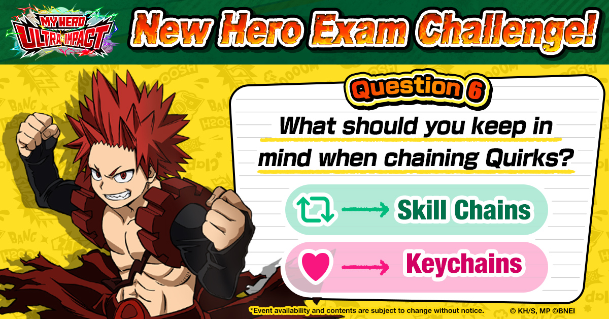 MyHeroUI's tweet photo. 【New Hero Exam Challenge! Question⑥ 1/2】

What should you keep in mind when chaining Quirks?
Answer with RT or LIKE!

Until 4/9 12:00 JST
Check out New Hero Masterclass, if you don't know the answer!
https://t.co/CGt9DNyj95

DL→https://t.co/NkhJdSREAX
#MHUI #MyHeroUltraImpact https://t.co/aiEX13MAc7