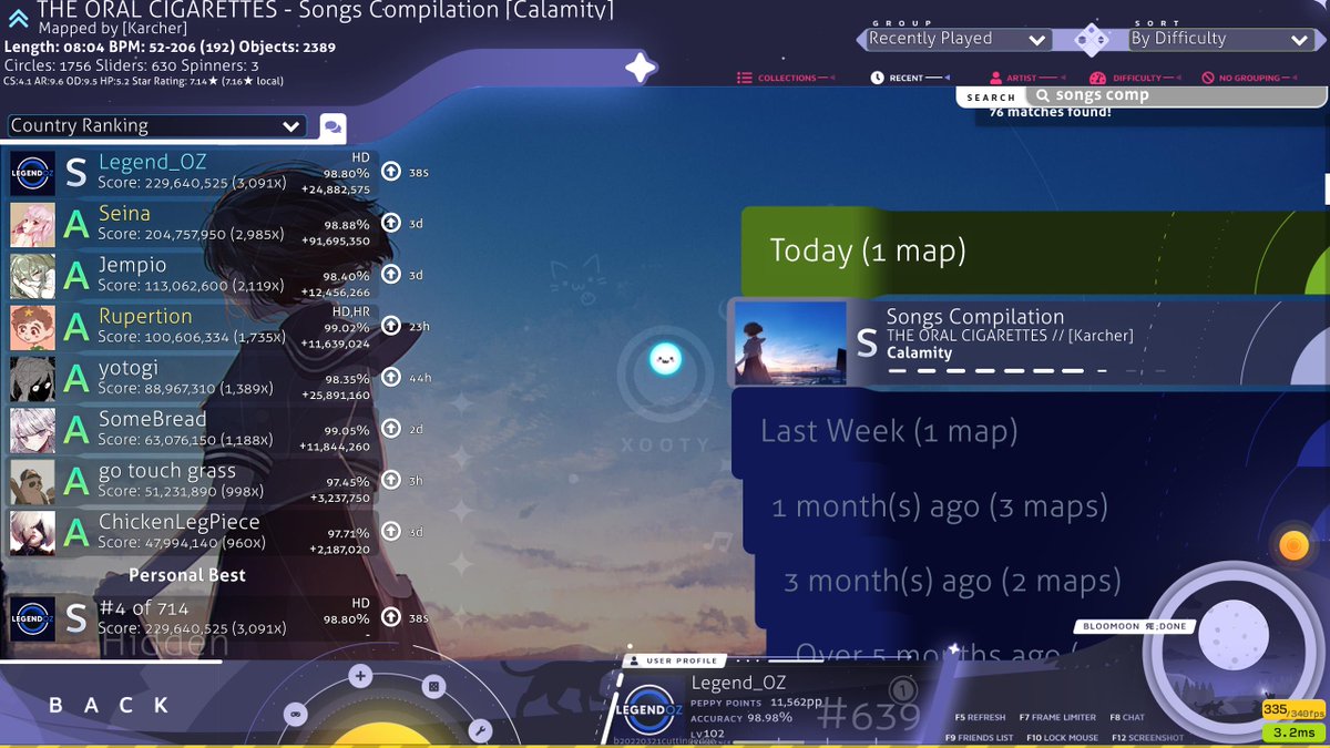Legend__OZ's tweet photo. Top 600.
(626PP new songs comp)
(590PP, 700PP if I actually tapped that one note)
gonna continue grinding DT tho, that stuff is way more fun than this haha
#SFAim #stanfullarea https://t.co/RzcJipb5Ji