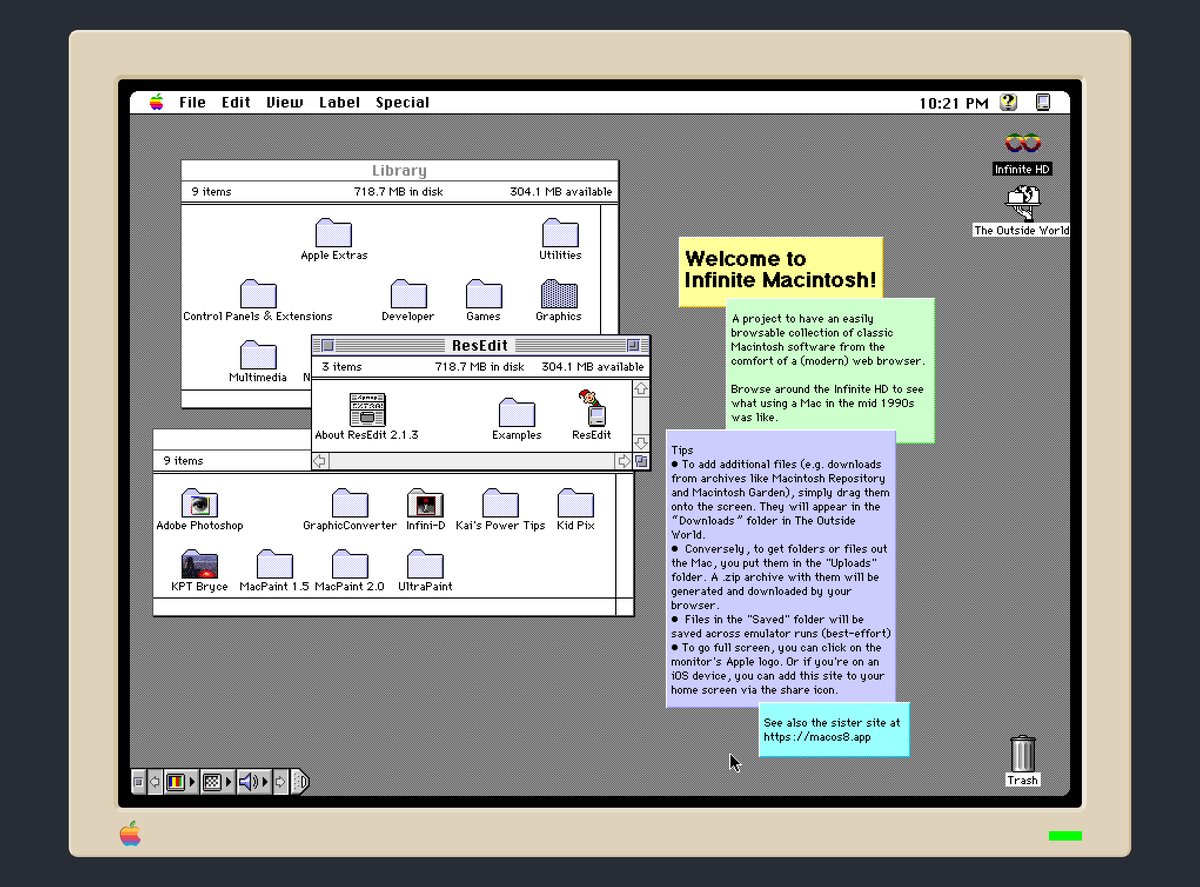 mihai's tweet image. For #MARCHintosh2022 I&apos;m launching two web-based classic Mac emulators: system7.app and macos8.app.

They boot instantly, are filled with useful programs, allow data import, export and persistence, and try to bring the best of the web to retrocomputing.