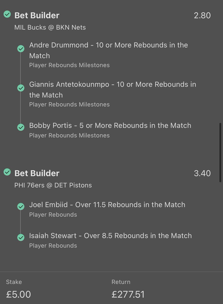 BOOM 🤯 💥🤯💥🤯💥🤯💥💥

55 odd rebounds bet builder lands 
🤑🤑🤑🤑🤑🤑🤑✅✅✅✅✅

Pls kindly Retweet and like if you got on 🙏