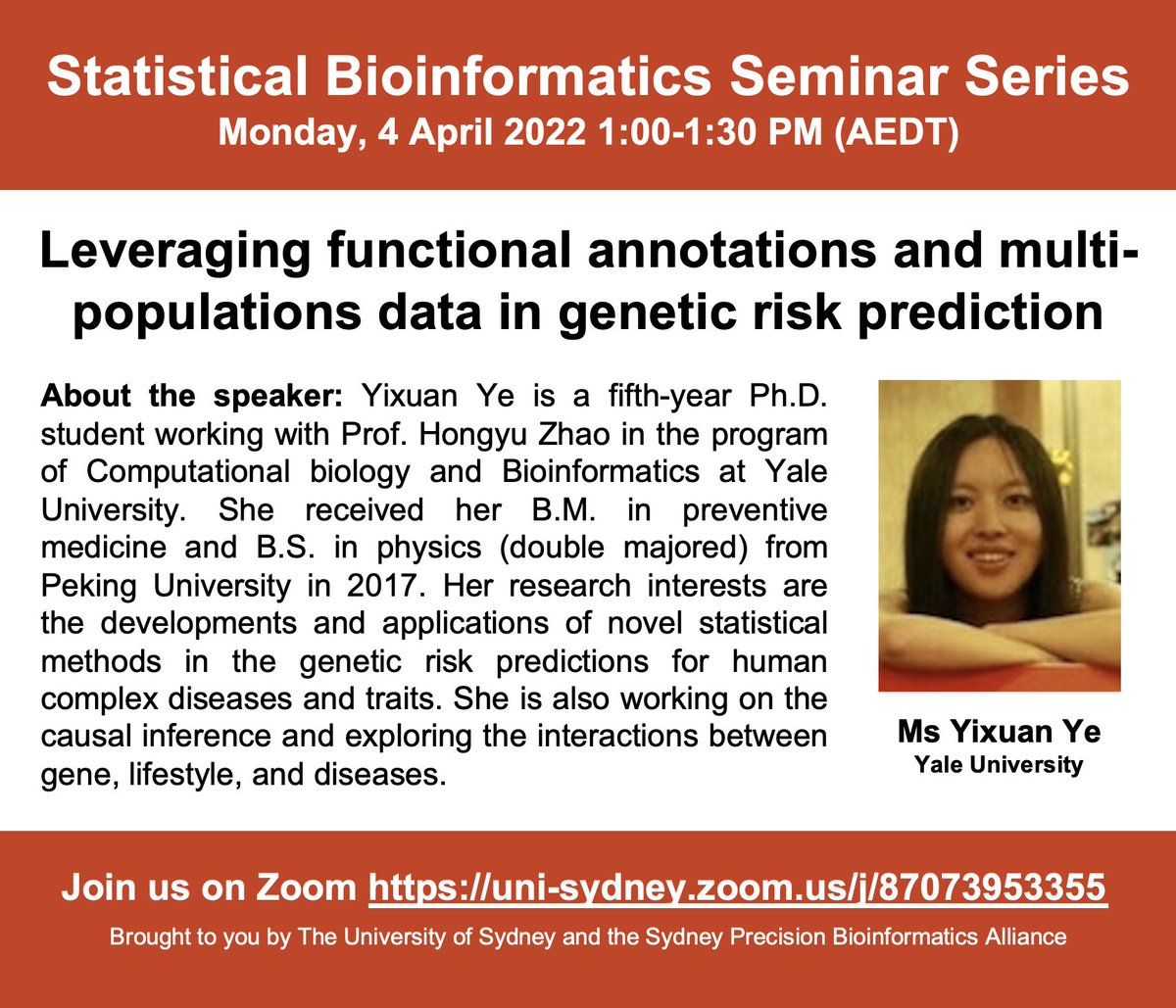 Sydney Precision Data Science Centre (@sydneybioinfo) on Twitter photo Up next is <a href="/YixuanYe1/">Yixuan Ye</a> from <a href="/HongyuZhao2/">Hongyu Zhao</a>'s group <a href="/Yale/">Yale University</a>. We are excited to have Yixuan speak to us about her latest work on developing new polygenic risk scores to predict genetic risks! Join us next Monday at 1 p.m. via zoom: uni-sydney.zoom.us/j/87073953355 Up next is <a href="/YixuanYe1/">Yixuan Ye</a> from <a href="/HongyuZhao2/">Hongyu Zhao</a>'s group <a href="/Yale/">Yale University</a>. We are excited to have Yixuan speak to us about her latest work on developing new polygenic risk scores to predict genetic risks! Join us next Monday at 1 p.m. via zoom: uni-sydney.zoom.us/j/87073953355