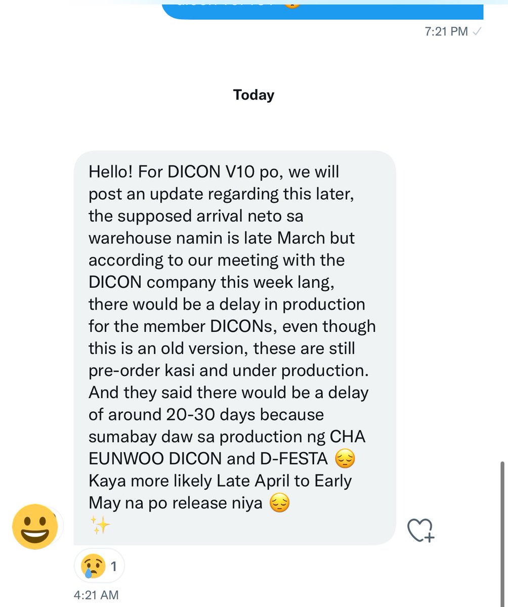 from613_'s tweet photo. #613Updates
DICON 101
β already in ph, waiting to be shipped to my add.
DICON VOL. 10 (here is my convo po with the supplier)
β still in production, late april- early may daw po ang estimated release po nila.
thank you for understanding and sorry for the delays po. https://t.co/dBBiSDN0Cw