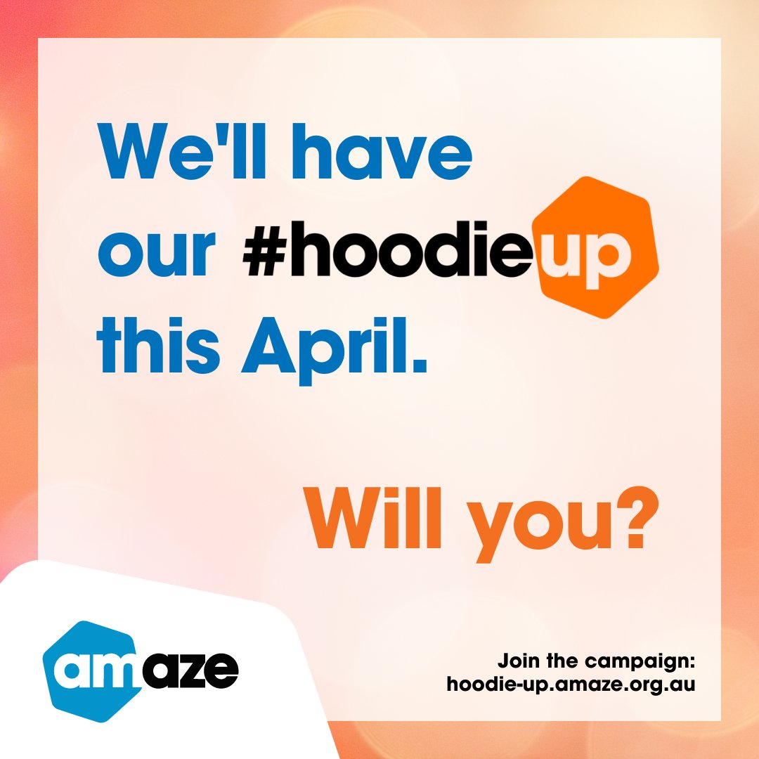 Happy #WorldAutismAcceptanceMonth! 
Remember, if you can't hold a Hoodie Up with us on Monday 4 April, you can do it anytime this month. And don’t forget to share your Hoodie Up photos with #HoodieUp2022 and #HoodieUp so we can see what you get up to!
hoodie-up.amaze.org.au