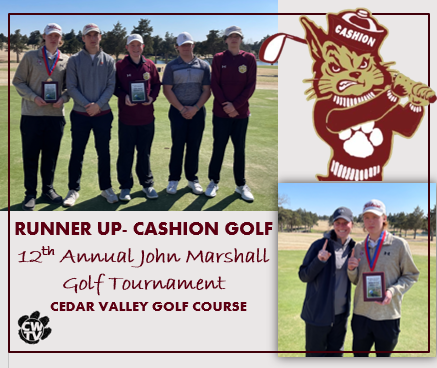 CONGRATS to <a href="/CashionGolf/">Cashion Golf</a> on a 2nd Place Finish at the John Marshall Golf Tourney Cedar Valley.

Individualist Medalist: <a href="/aaron_holten/">Holten Aaron</a> 1st Place!
#CHaSinGold #LEGGO