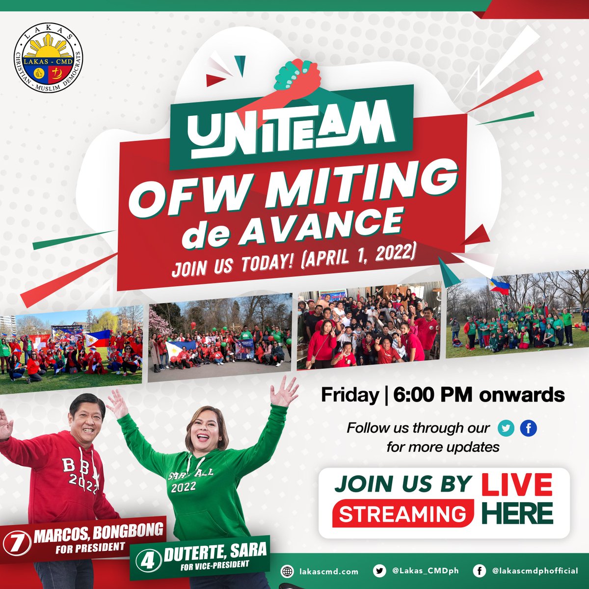 Lakas_CMDph's tweet photo. Makilahok sa Uniteam Miting de Avance na dadaluhan ng ating mga kababayang OFWs mula sa 35 bansa kasama ang kanilang mga pamilya. Ngayong gabi na, 6 p.m., sa mga Facebook accounts ng Uniteam at BBM-Sara pages.
#OFWforBBMSara
#BBM2022
#LAKASniSARA https://t.co/mBGYpHLr3X