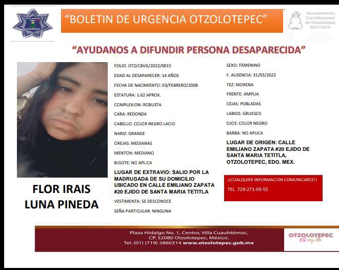 Ayuda a Flor Irais a volver a casa desapareció 31/03/22 de Otzolotepec, Edomex <a href="/LaAlamedaEdoMex/">La Alameda EdoMex</a> <a href="/botDesaparecidx/">BotDesaparecidx</a> <a href="/bosnia/">bosnia</a> <a href="/paty_roldan/">Paty Roldan</a> <a href="/JezImmortal/">JEZ GUZMAN</a> <a href="/hachelozano/">Helena Lozano</a> <a href="/AmberPrensalyo/">Amber PrensaLyO</a>  <a href="/unidosvstrata/">Unidos vs Trata</a> <a href="/OsiriscCarbajal/">Osiris Carbajal</a> <a href="/FiscaliaEdomex/">Fiscalía Edoméx</a>