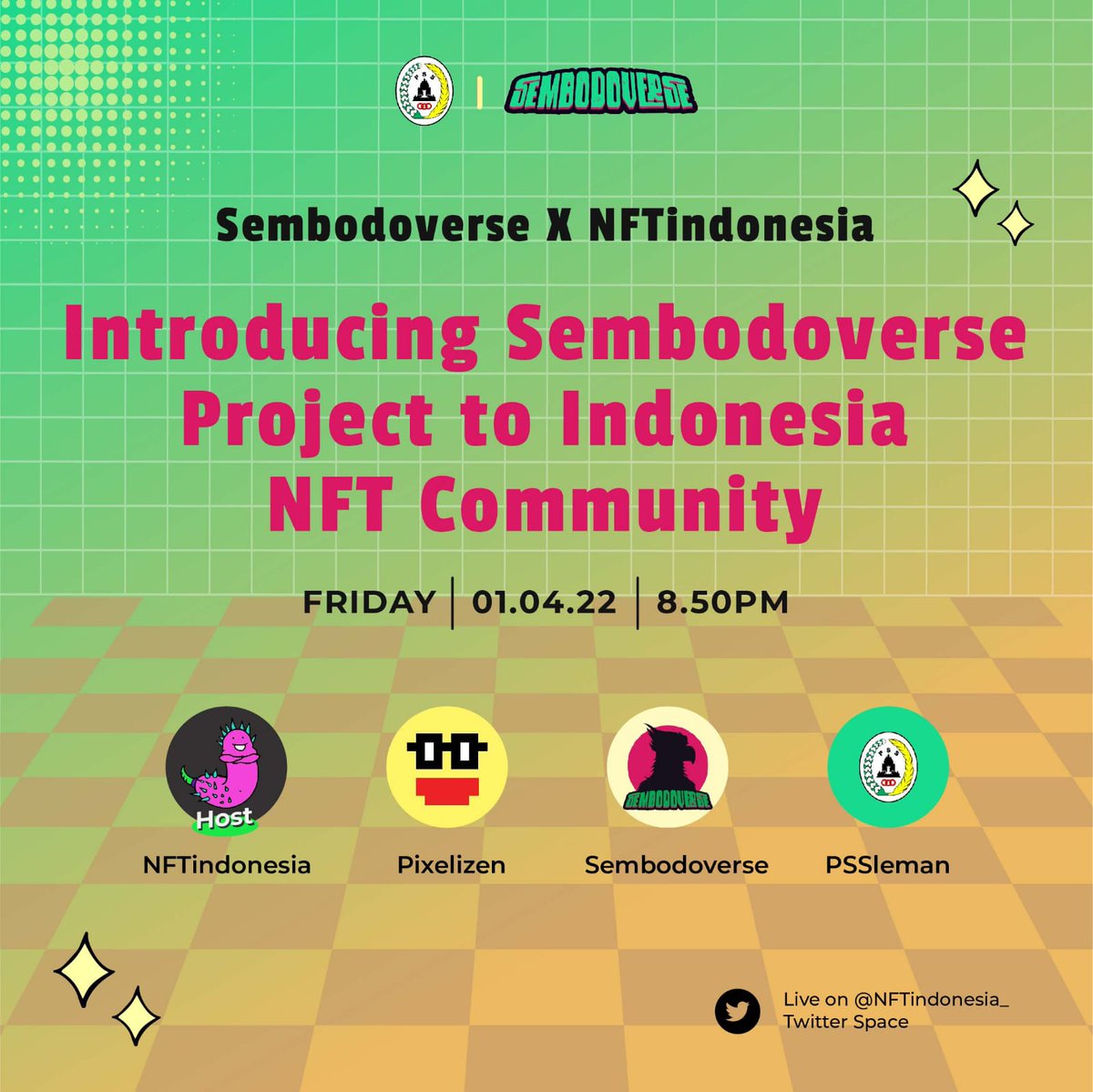 NFTindonesia_'s tweet photo. Pagi 🖤

@sembodoverse adain Twitter space lagi ni gaes, pengen ngobrol santai sama #NFTCommmunity di Indonesia 😉
Tagging: 
@haloversa @myreceiptt @K14ontheTrack @PadasukaNFT @TATnftSPACE  @Nongkrong0nline  @TATnftSPACE @StreetartGC

Sampe nanti malam 👾
#sembodoverse #PSSleman https://t.co/gnMLWIJz3t