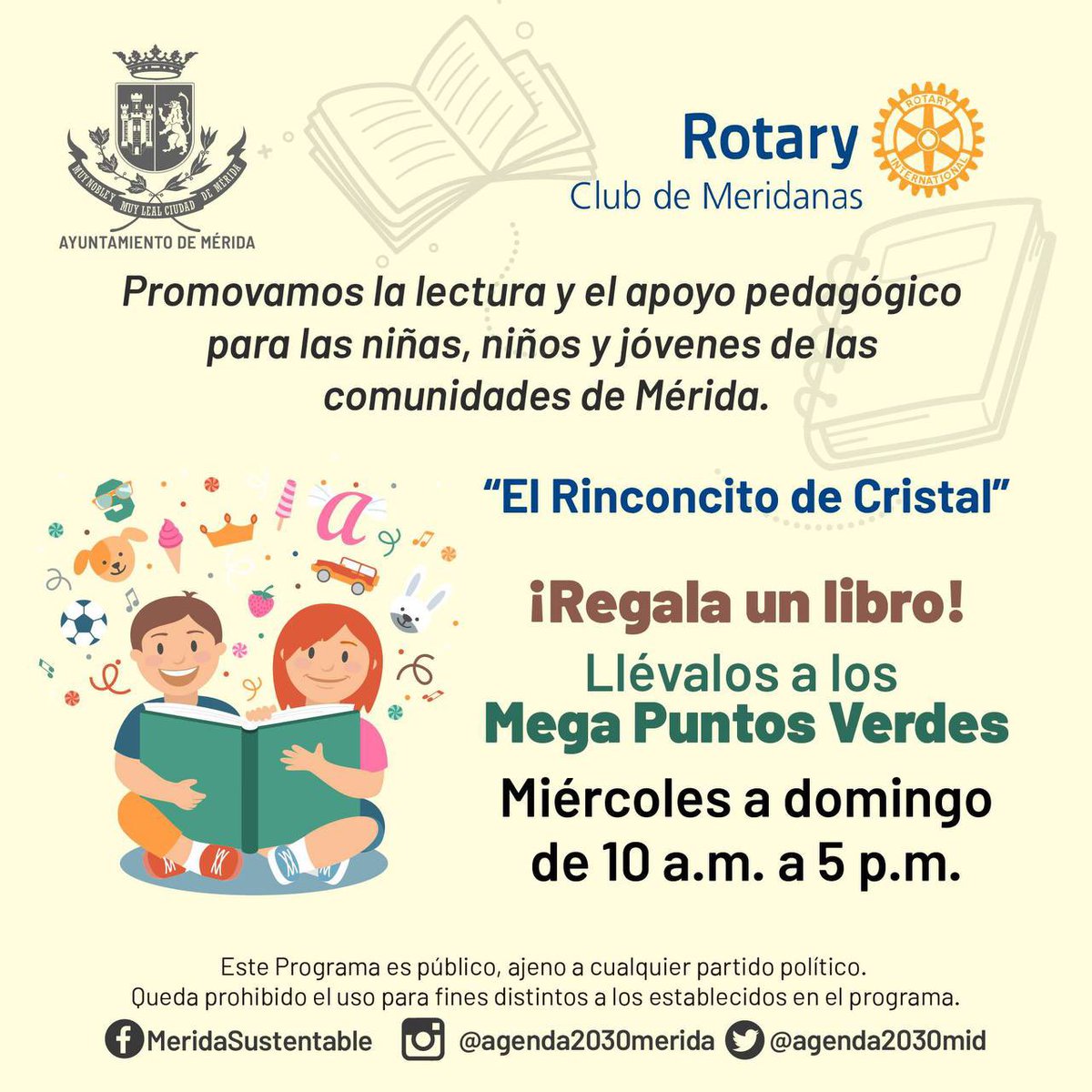 AyuntaMerida's tweet photo. La dirección de Mérida Sustentable, te invitamos a donar un libro en nuestros Mega Puntos Verde.👇🏼♻️

Al regalar un libro promovemos la creación de bibliotecas escolares como un espacio de desarrollo, promoción de la lectura y de apoyo pedagógico en niñas, niños y jóvenes. https://t.co/Zs4f8YTNX2