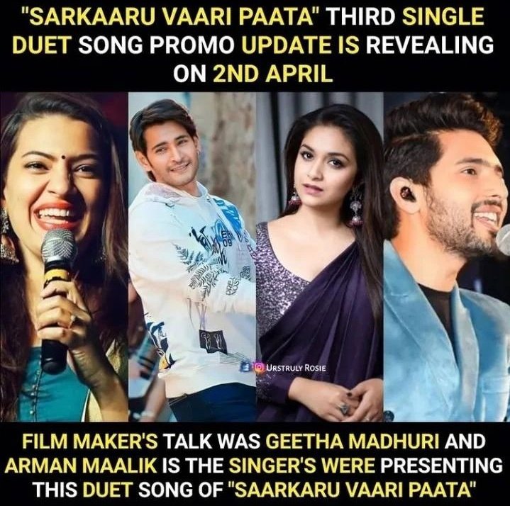 @ArmaanMalik22 x @geethasinger 

#SarkaruVaariPaata Third Song promo on 2nd April 💥‼️

@urstrulyMahesh  @KeerthyOfficial  #armaanmalik #geethamadhuri #Armaanians #MaheshBabu #KeerthySuresh