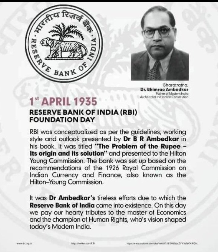 Agnostics_1926's tweet photo. आज ही के दिन 1 एप्रिल 1935 #RBI की स्थापना की गई थी। डॉ. बी.आर.अम्बेडकर साहब की थीसिस      "#TheproblemofRupee" किताब के आधार पर #ReserveBankOfIndia
 की स्थापना की गई थी।  #ReserveBankOfIndia 
#jaibhim
#जयभीम https://t.co/35bSsCtCfI